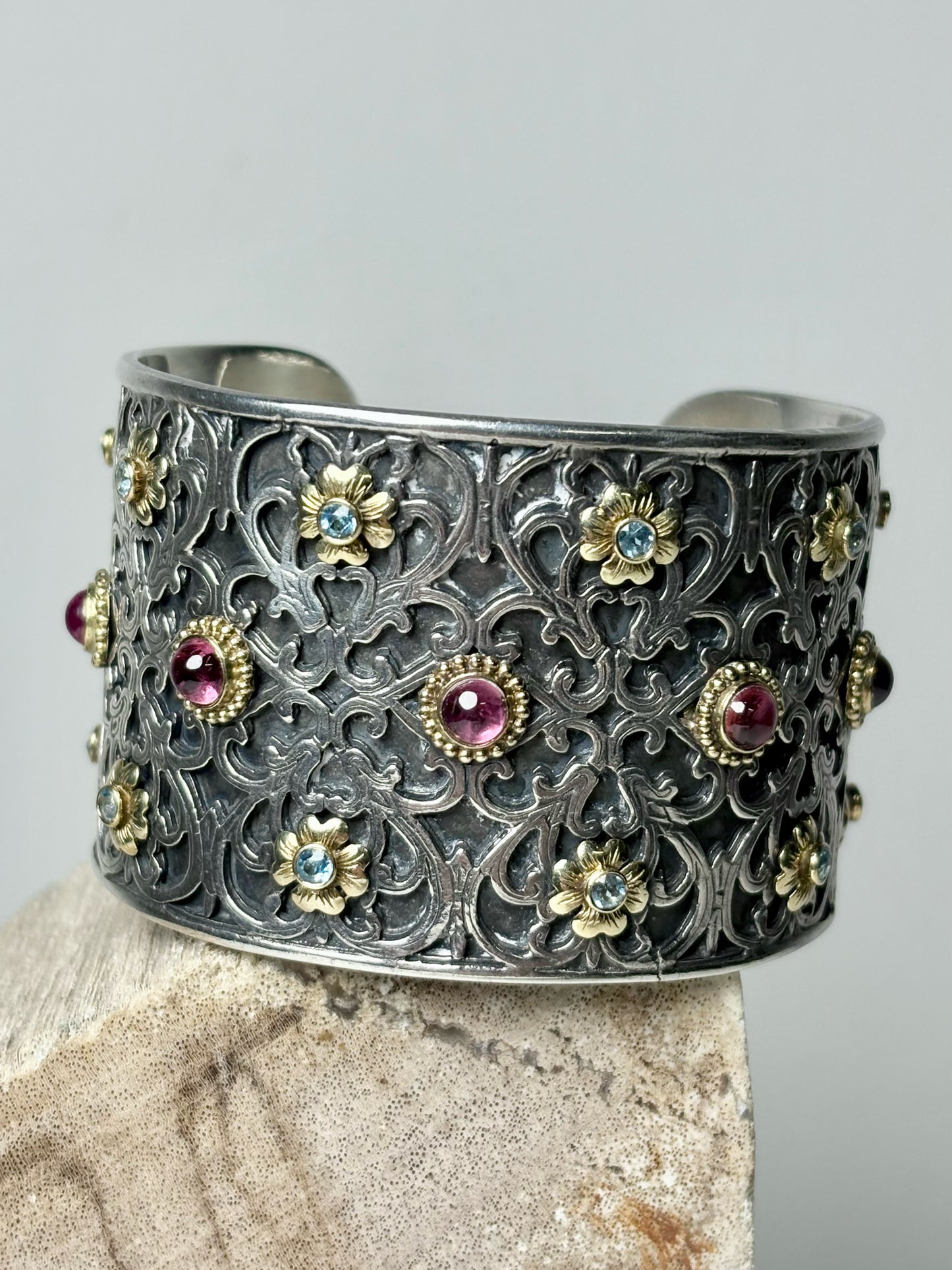 Konstantino Filigree Pink Tourmaline, Blue Topaz Cuff 18K Gold, 925 Cuff