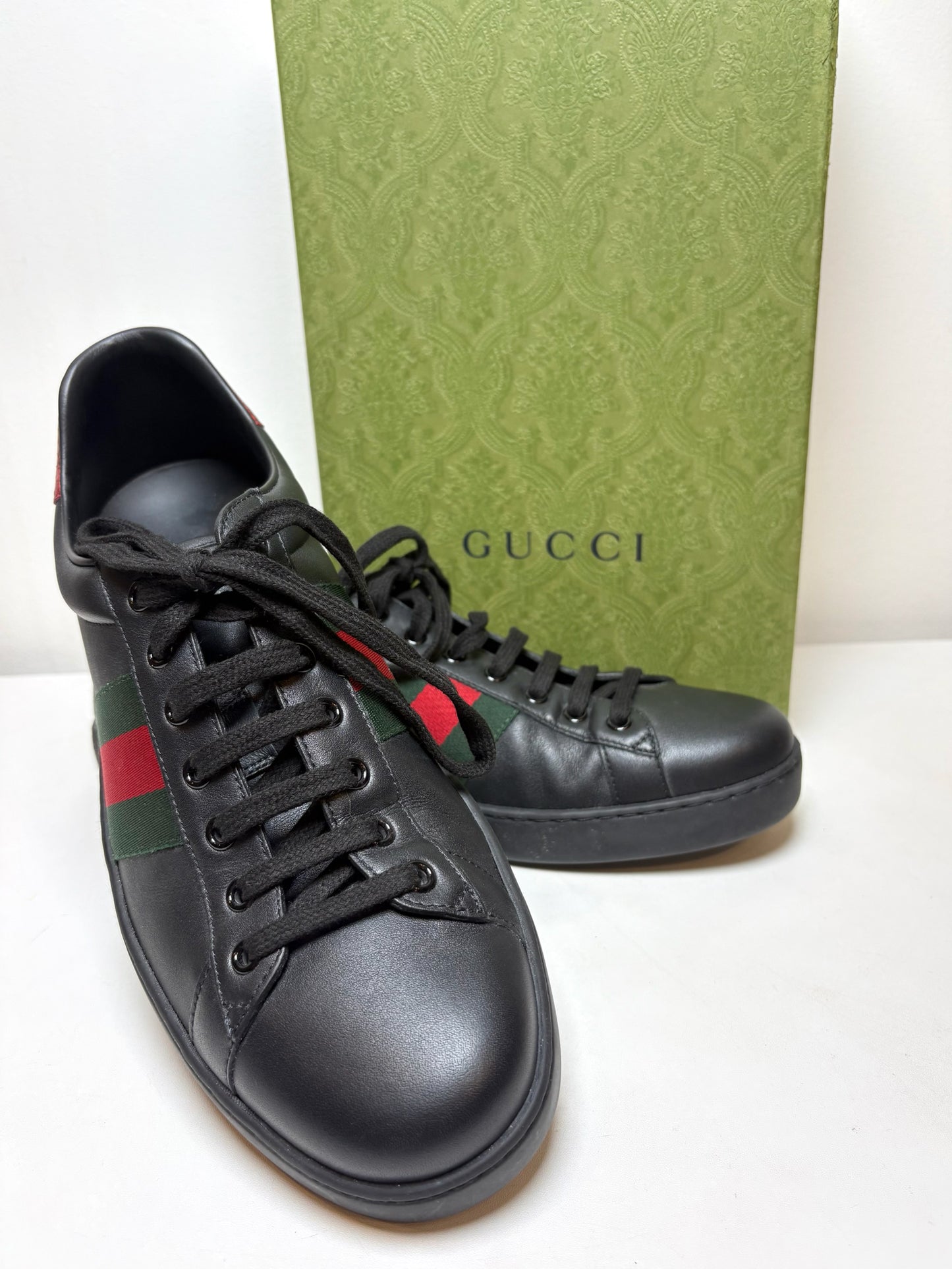 W Shoe Size 10 Gucci Ace Black Leather Pre-owned Sneakers