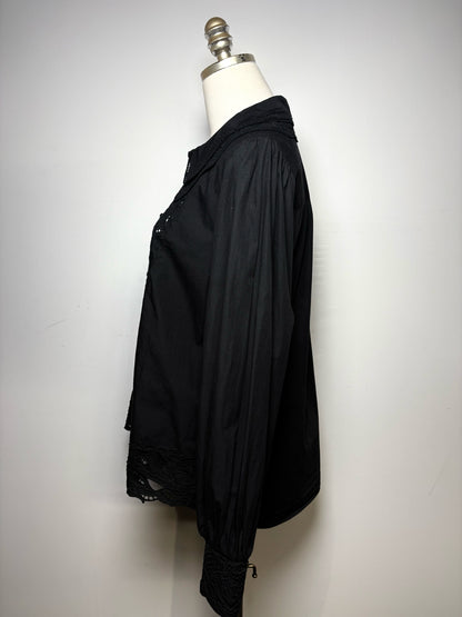 Women's Size M Farm Rio Black Eyelet Cotton Pre-Owned Puff Sleeve Blouse
