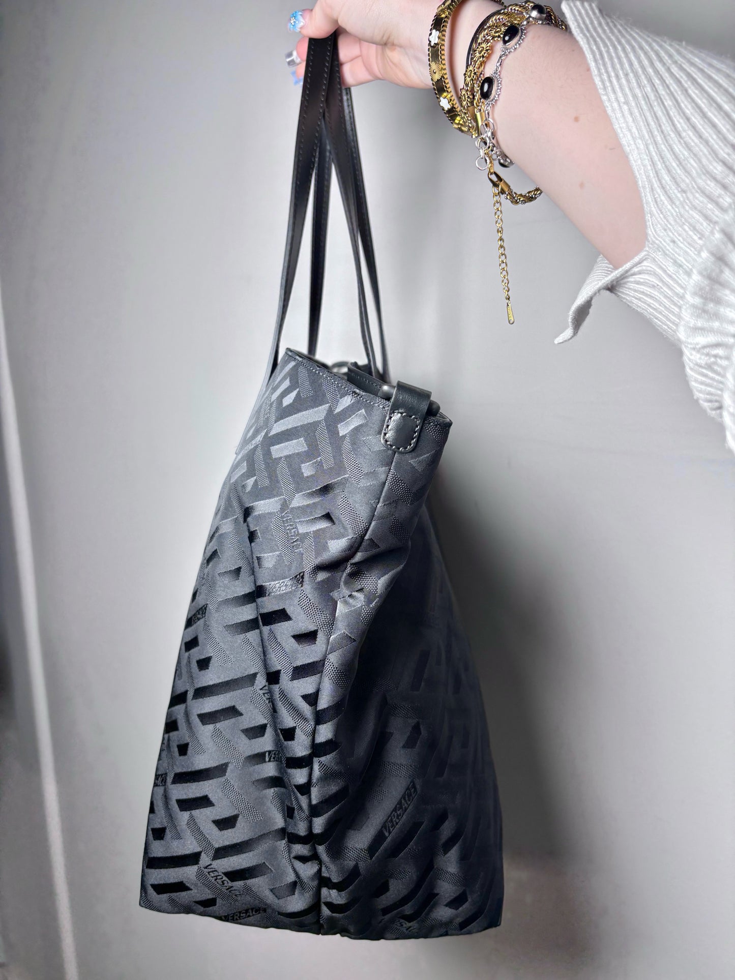 Versace Jacquard, Monogram Nylon Pre-owned Black Leather + Pouch Crossbody Tote