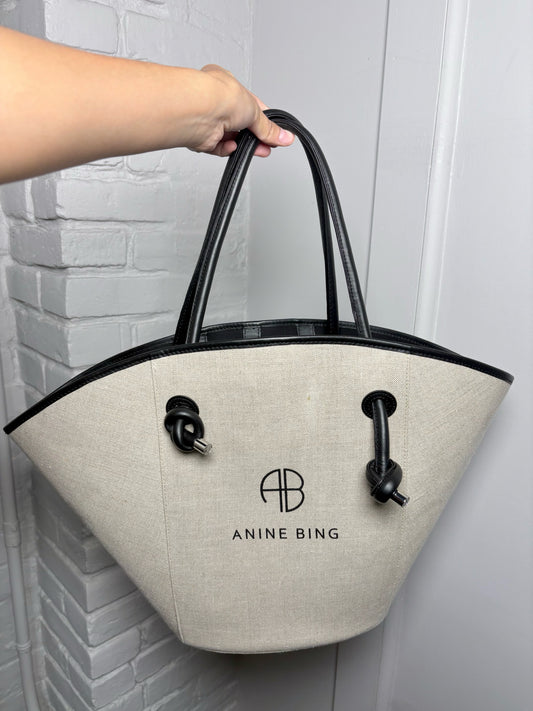 Anine Bing Logo Cotton Khaki Leather Trim Logo Taylin Tote