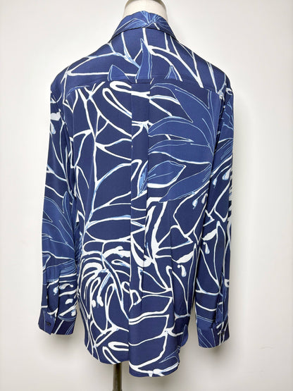 Women Size S Lafayette 148 Blue, White Print Pure Silk Shirt