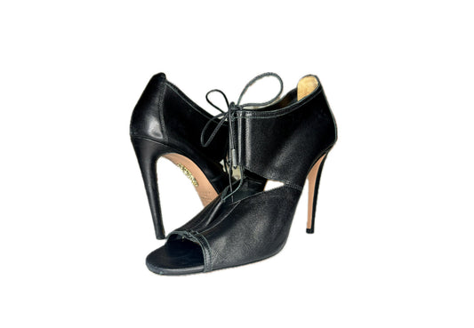 Aquazzura Black Leather Cowhide Cutout Heels, Sz 37.5