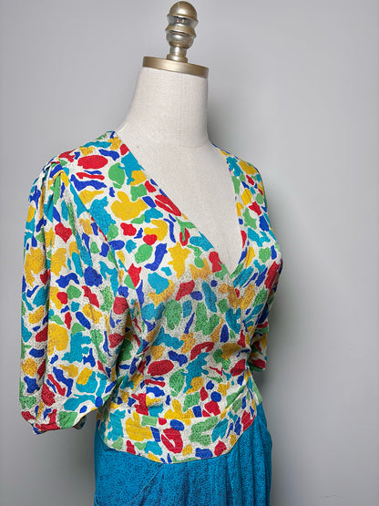 Women Size 6 Louis Feraud Yellow, red, white, green, blue Print Silk Dress