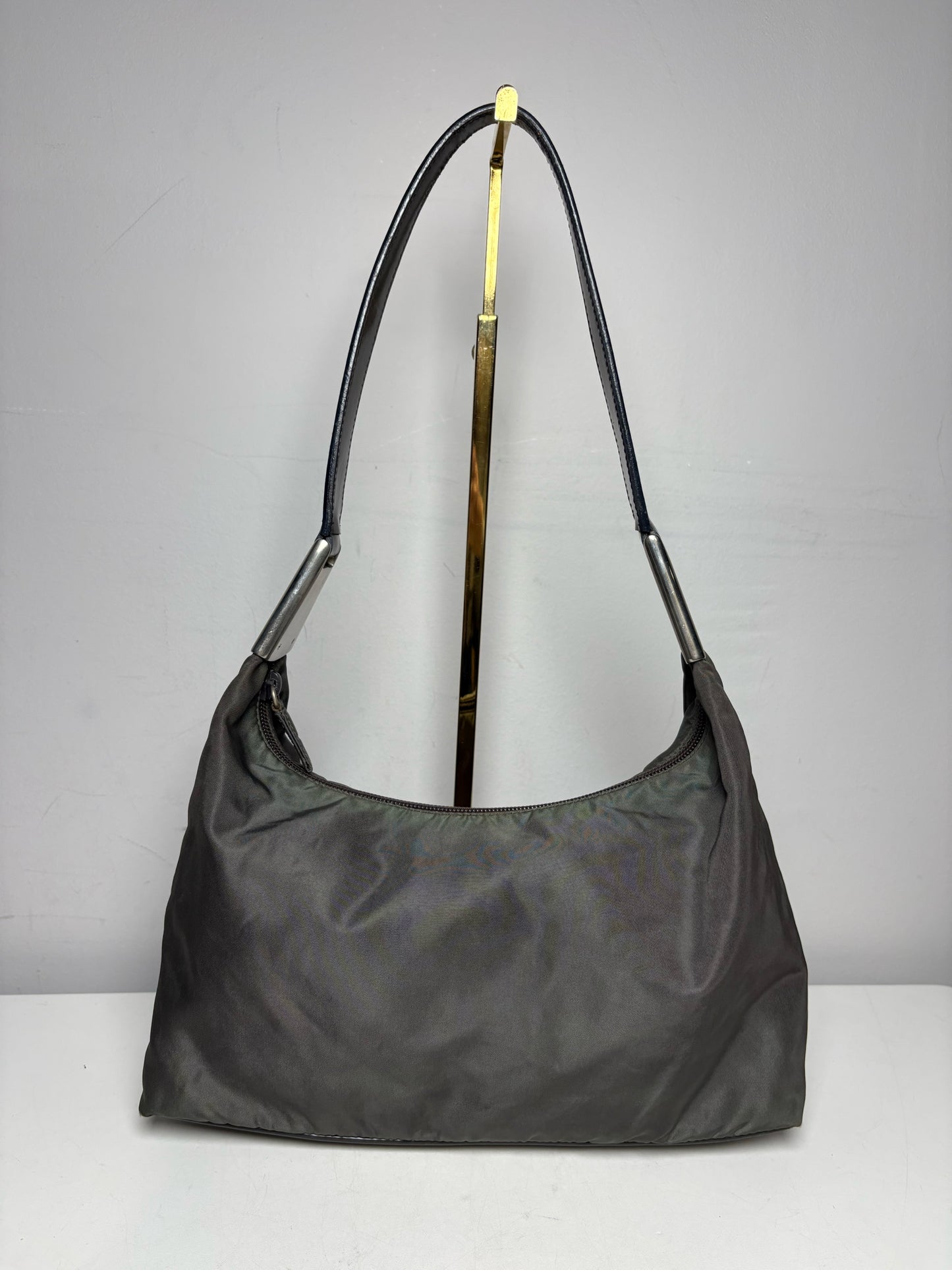 Women's Prada Tessuto Spazzolato Gray Nylon Leather Vintage Y2K Rare Pre-Owned Small Purse