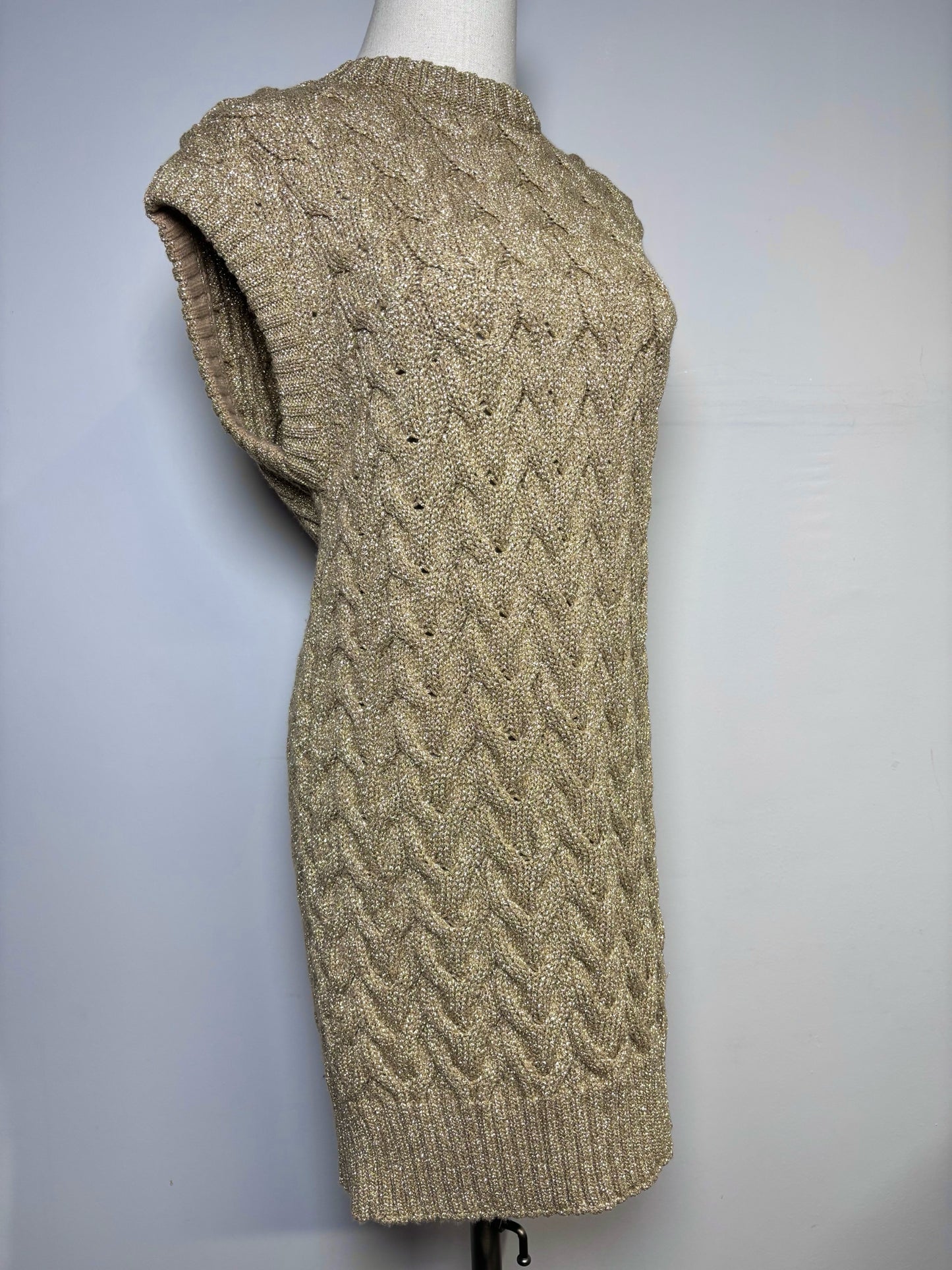 Women Size M (Est.) Max Mara Metallic Gold Cable-Knit Mid-Length Sweater Dress