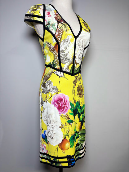 Women Size 40 Roberto Cavalli Yellow Black Wonderland Sheath Floral Print Dress