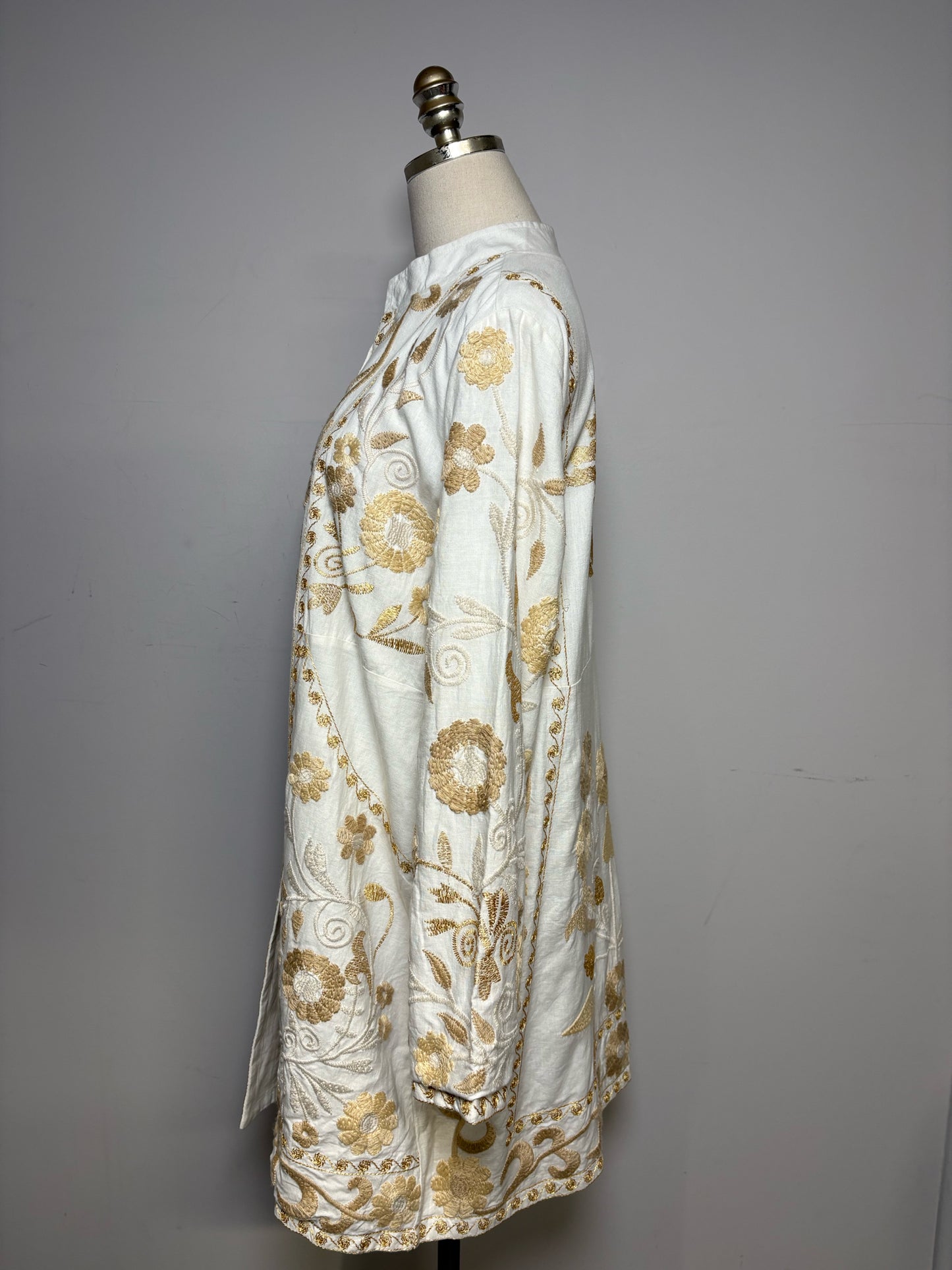 Women Size L Soft Surroundings Off-White Floral Embroidered Cotton Linen Pre-Owned Long Jacket