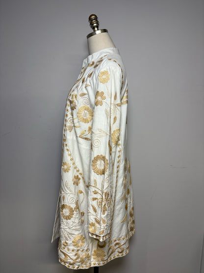 Women Size L Soft Surroundings Off-White Floral Embroidered Cotton Linen Pre-Owned Long Jacket