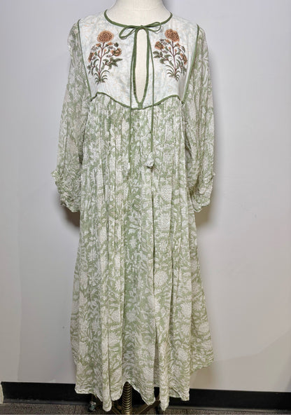 Women Size L Daughters of India Green Printed Floral Cotton Embroider Midi Dress