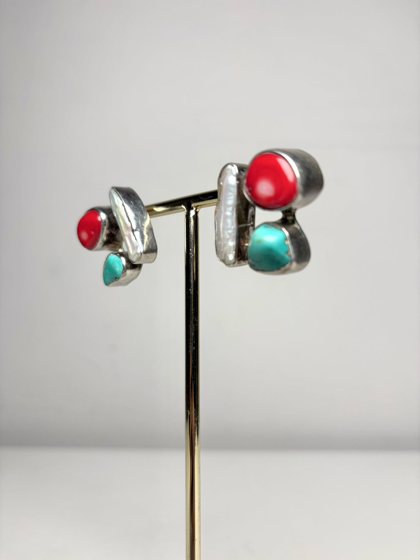 Pre-owned Baroque Pearl, Red Coral, Turquoise Statement Post Earrings