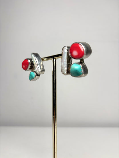 Pre-owned Baroque Pearl, Red Coral, Turquoise Statement Post Earrings