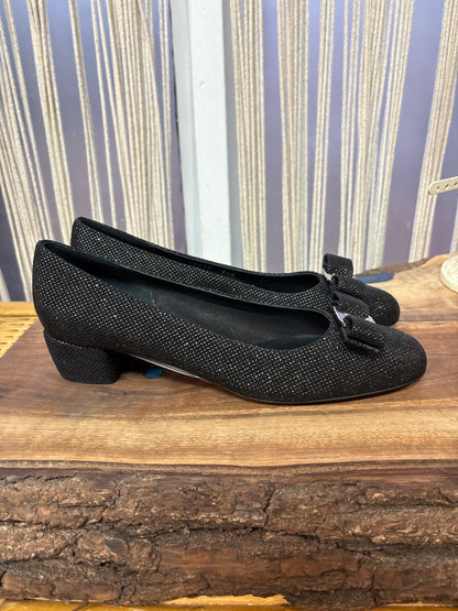 W Shoe Size 8.5 Salvatore Ferragamo Black Glitter Leather Bow Pumps