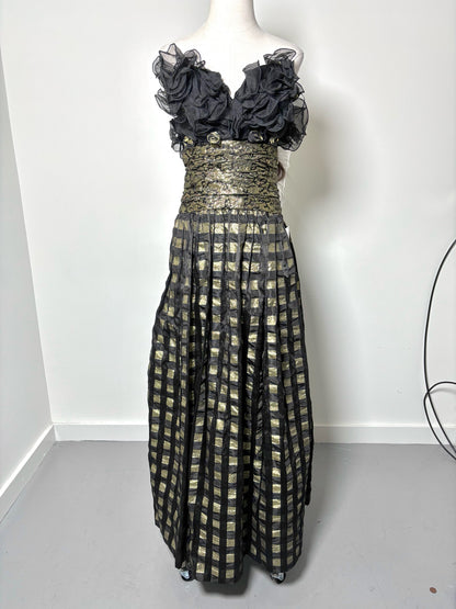 Women Size 6 Eugene Alexander Gold, black, white Squares Vintage Gown