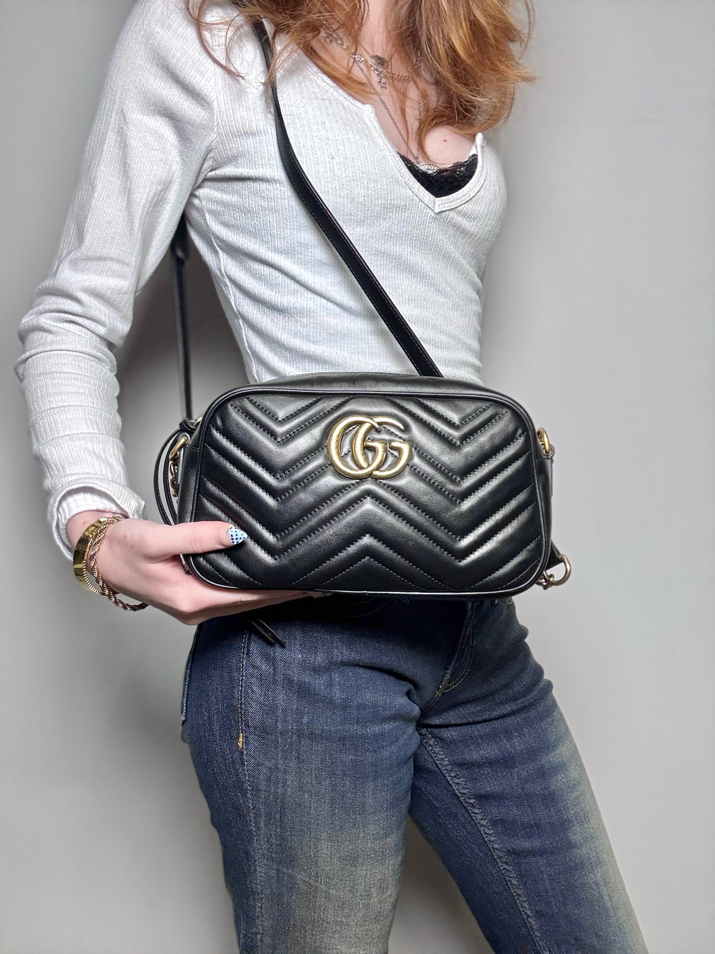 Gucci Marmont Camera Quilted Leather Pre-owned Black Nappa Small Purse Pre-owned