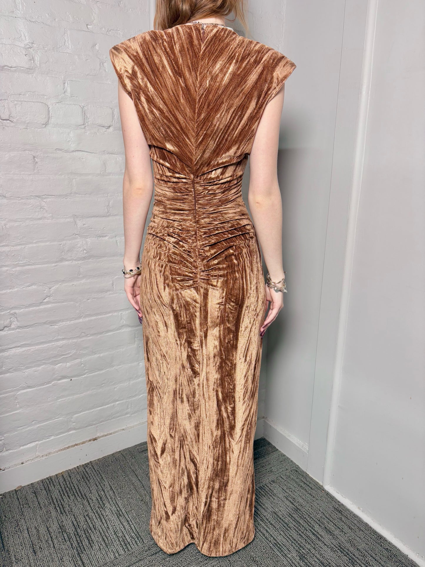 Women Size XS Ronny Kobo "Hayley Dress" Caramel Crushed Velvet Midi Dress