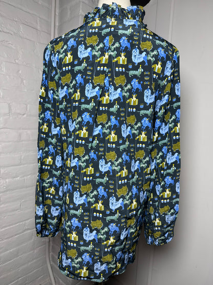 Women Size L Tyler Boe Multi-Color Dog 100% Silk Blouse