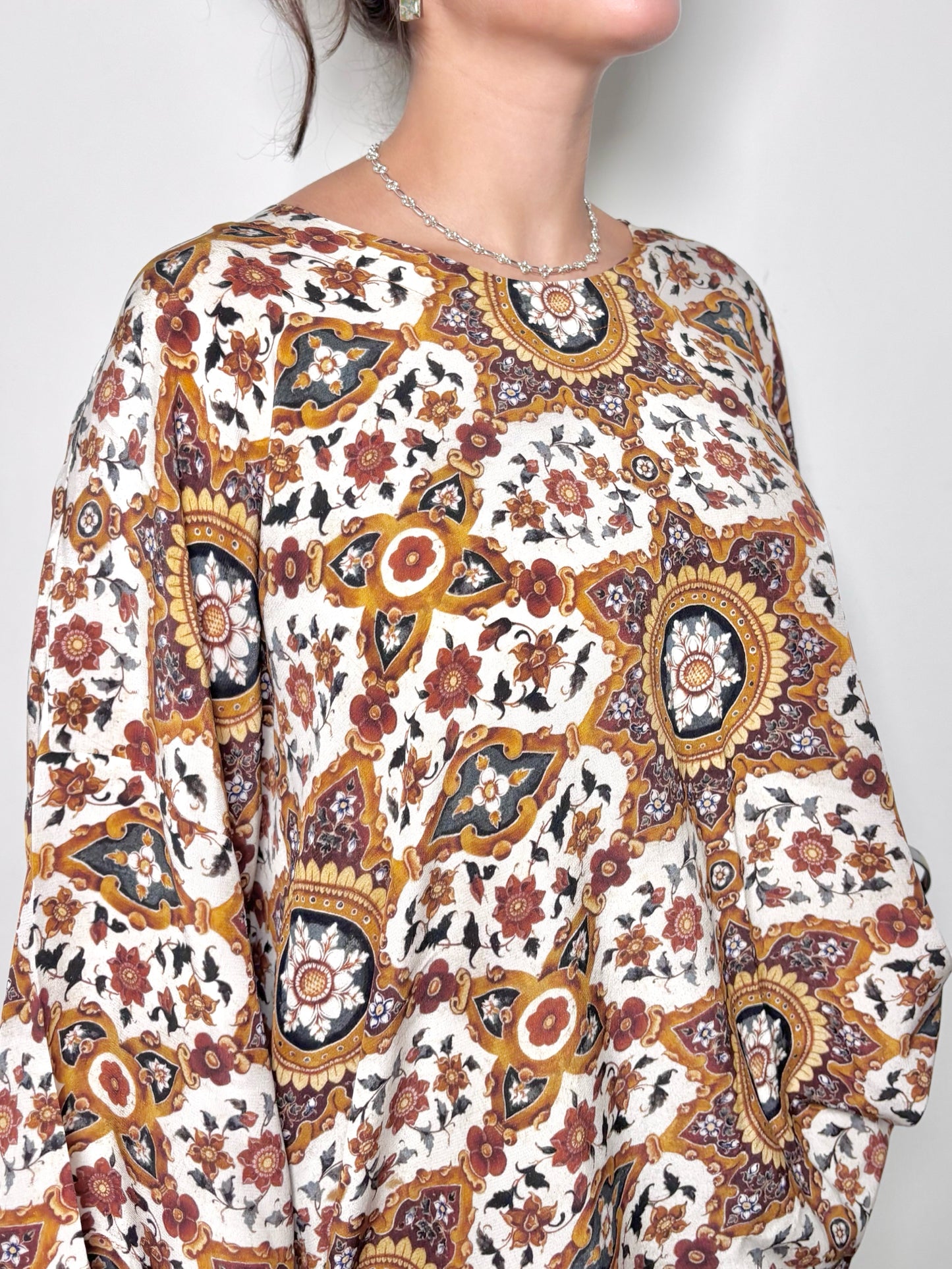 Women Size 1 (XXL) Eskandar Multi-Color Floral Print Pure Silk Blouse