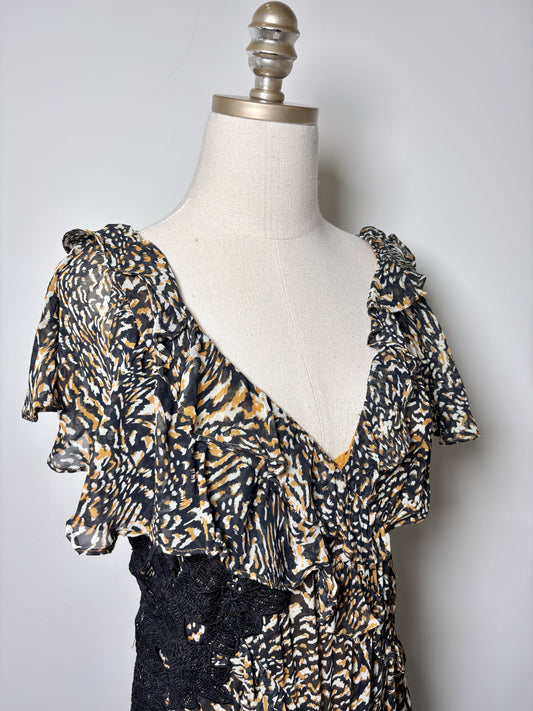 Women Size 8P Anthropologie Black, Gold Floral Lace Trim NWT Dress
