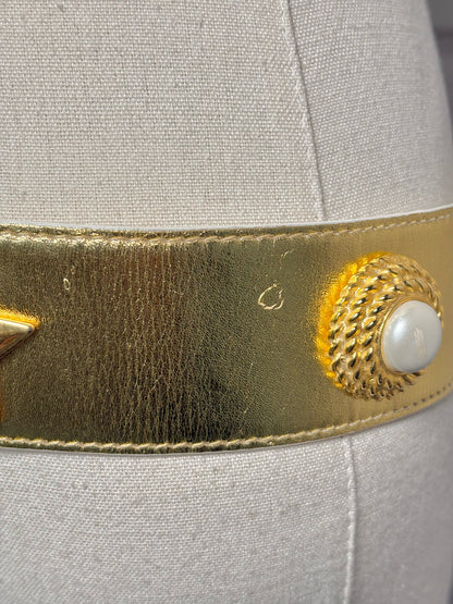 Escada Leather 40 (S) Vintage Metallic Gold Pearls Belt
