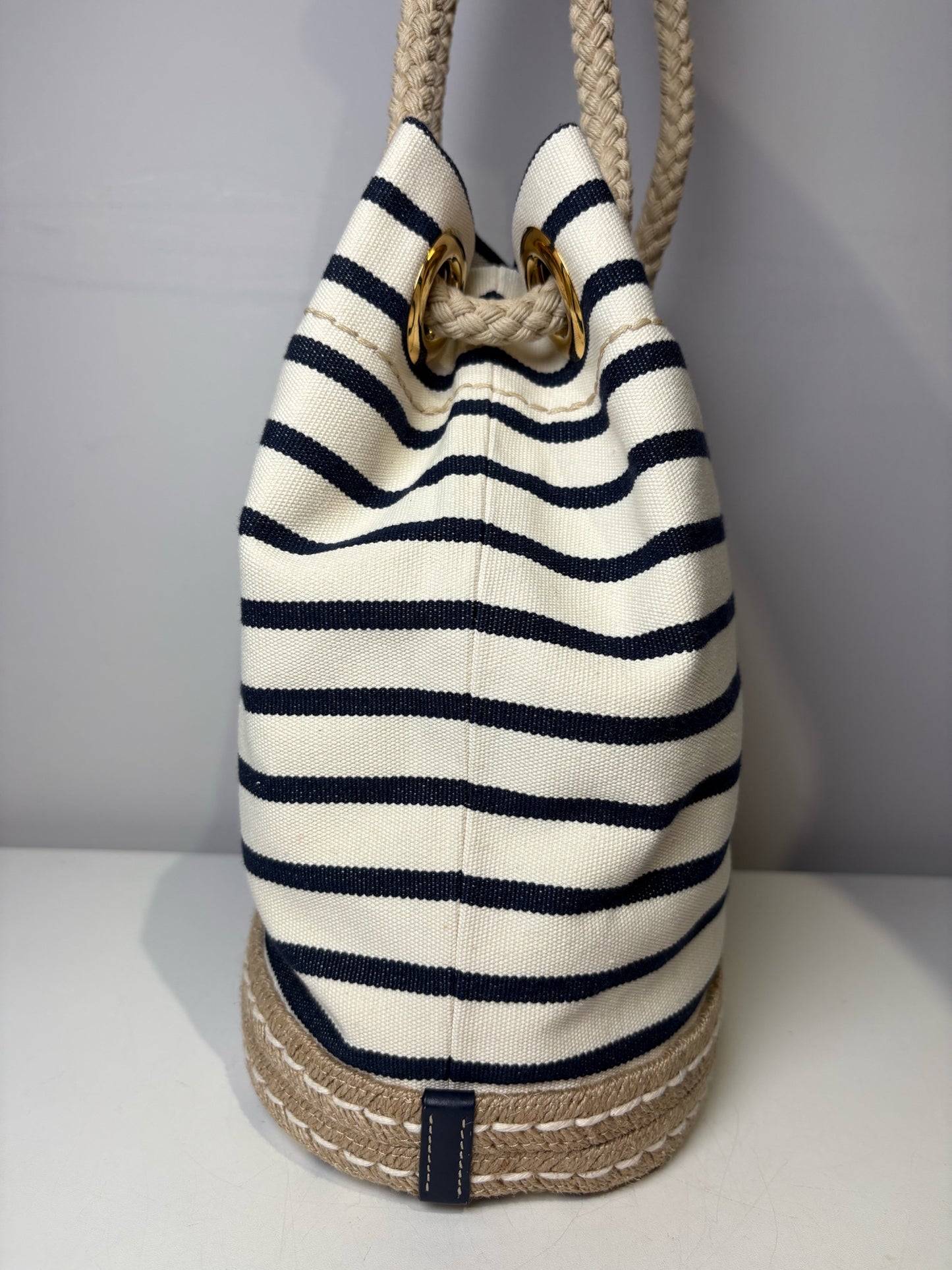 Prada Mariner Canvas Medium Bucket Bag Stripe Cream Pre-owned Purse