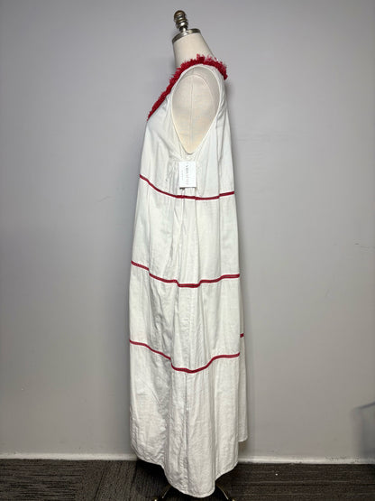 Women's Size M Rae Feather White & Red Embroidered Cutout Cotton Pre-Owned Tiered Maxi Dress