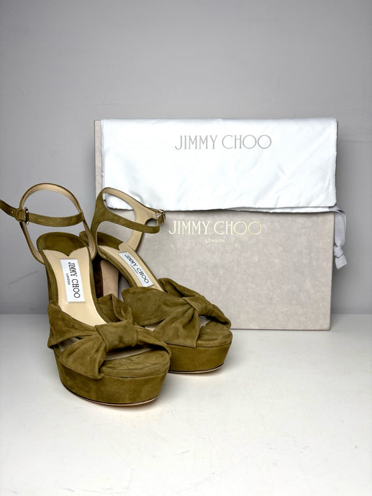 W Shoe Size 40 Jimmy Choo Heloise 120 Green Suede Platform Pre-owned NWT Heels