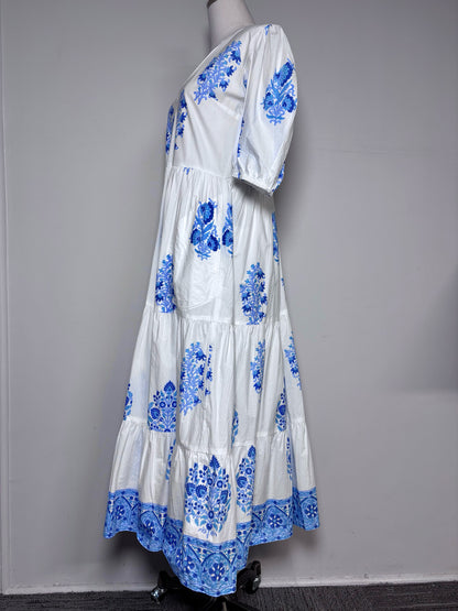 Women Size S Oliphant Maxi Laguna White/Blue Print Cotton Pre-owned, NWT Dress