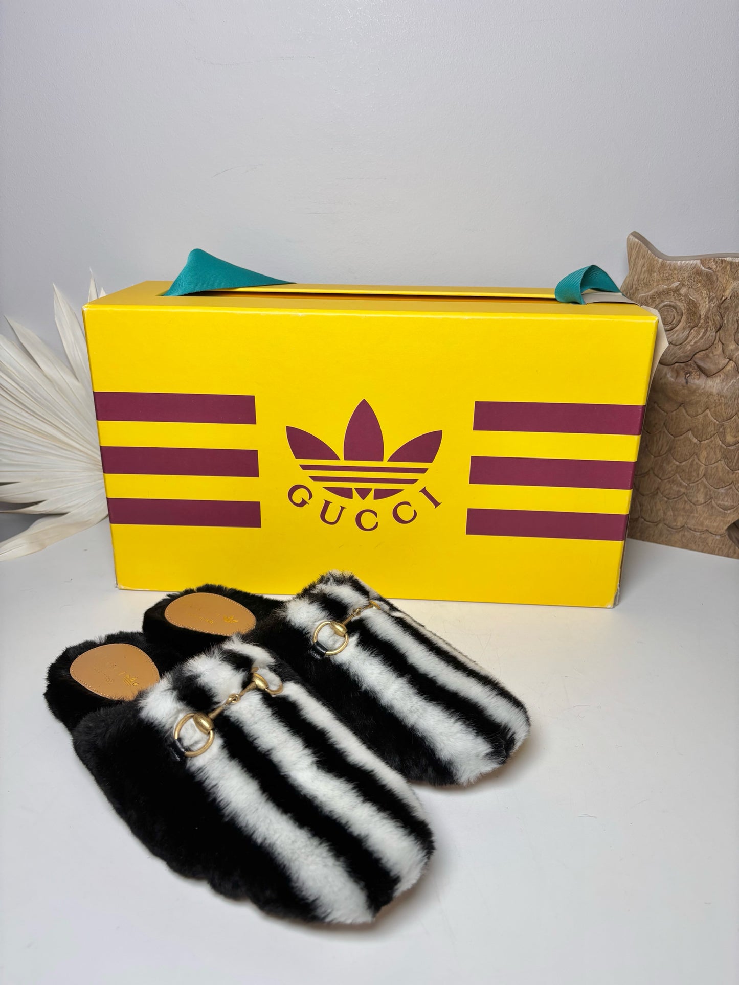 W Shoe Size 37 Gucci x Adidas Black, White Faux fur NWT Slip-ons