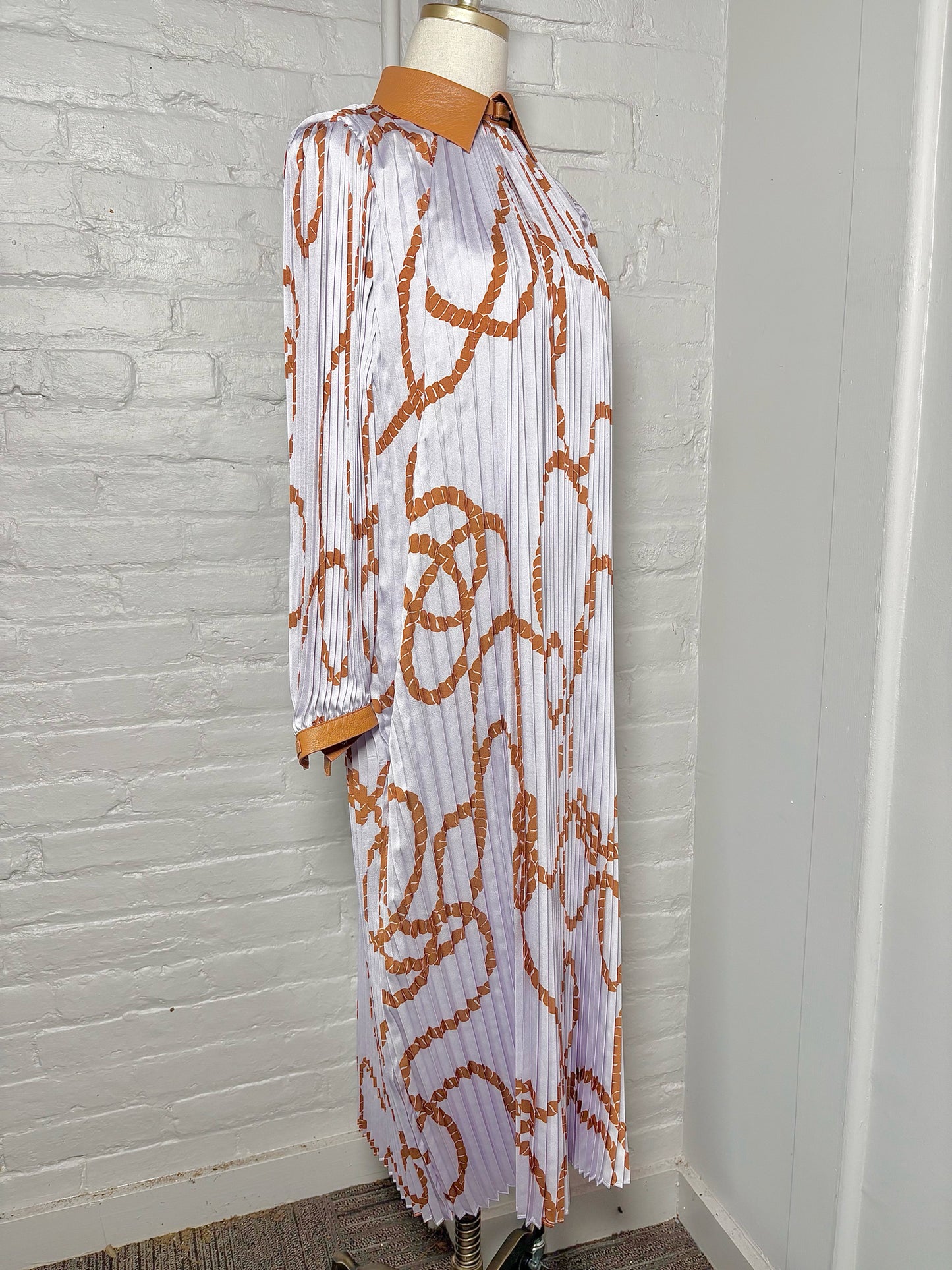 Women Size S Lafayette 148 Lavender, Tan Print Pre-owned Midi Pleated Dress