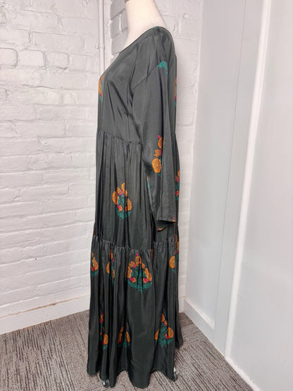 Women Size S Pink Chicken Black Floral Maxi Silk Dress