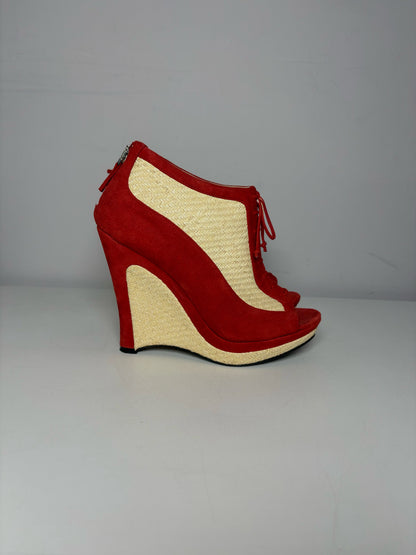 W Shoe Size 36.5 Fendi Red, Natural Leather, Rattan Suede Pre-owned Wedge Heels