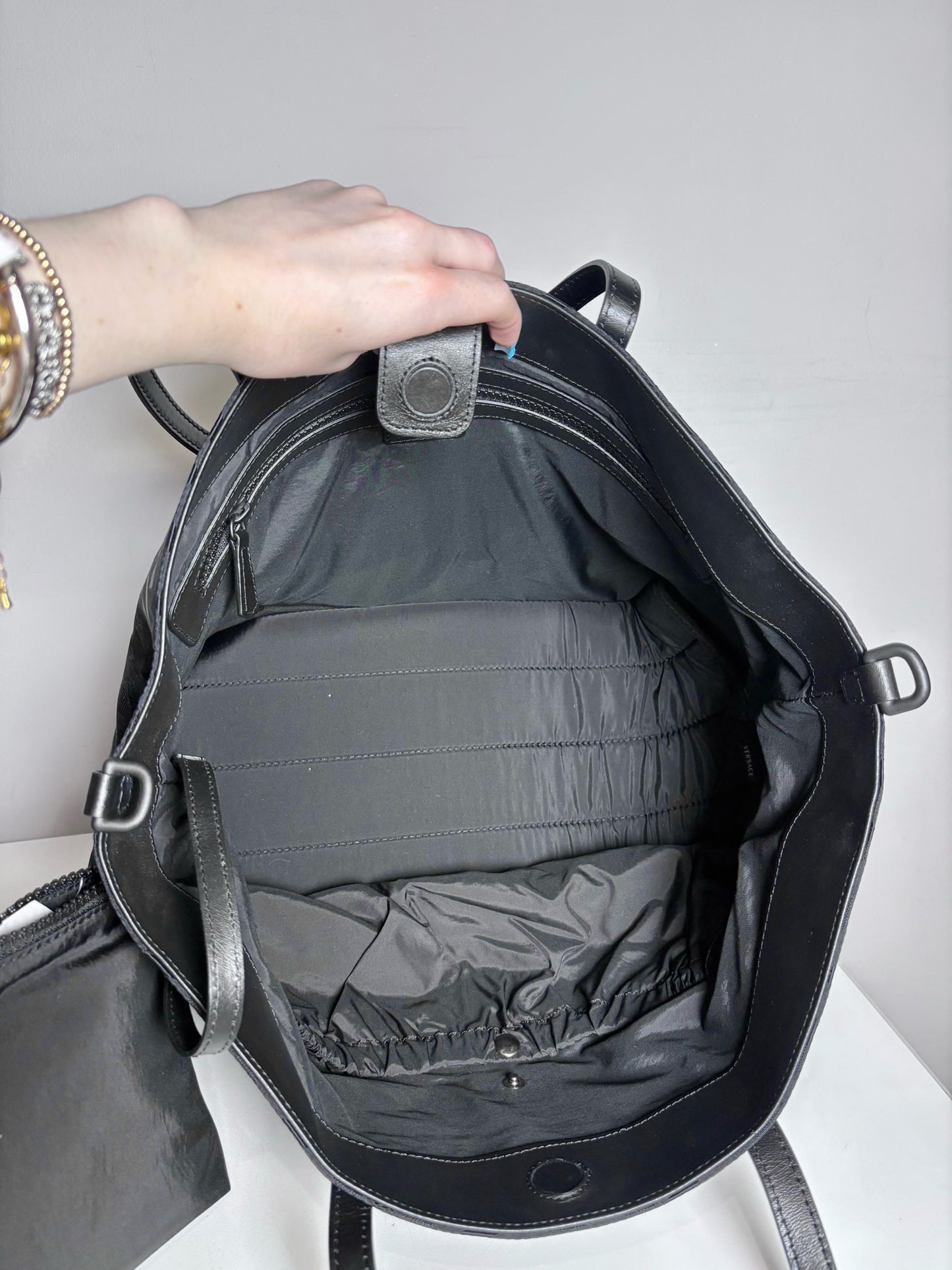 Versace Jacquard, Monogram Nylon Pre-owned Black Leather + Pouch Crossbody Tote