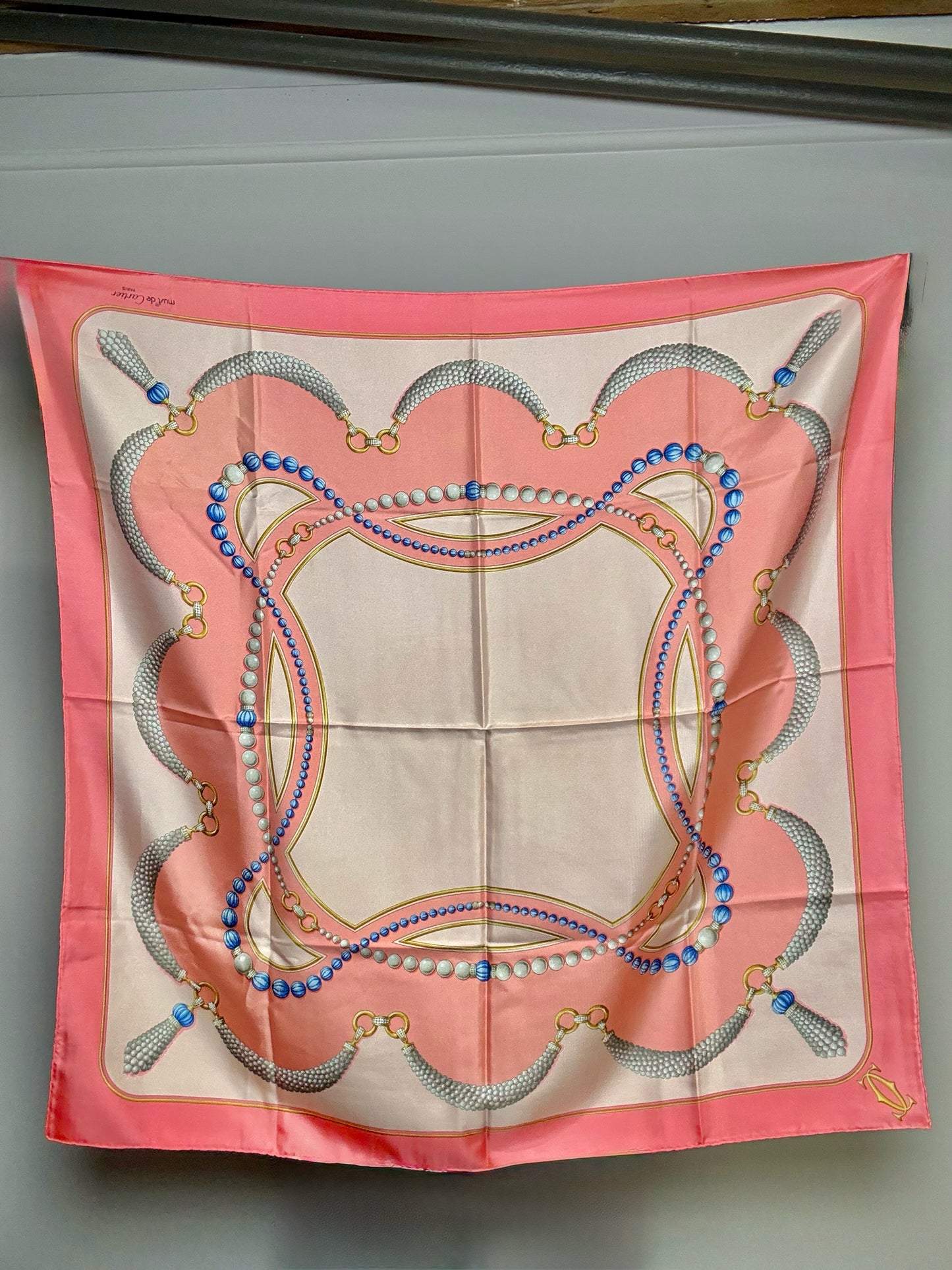 Cartier Pearls & Jewelry 100% Silk Vintage Pre-owned Pink, blue, gold Scarf