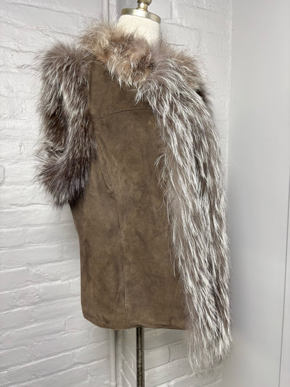 Women Size L Tyler Boe Brown Suede Solid, Fur Trim Vest
