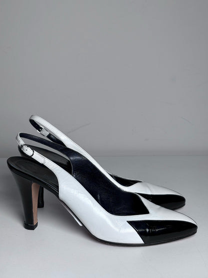 W Shoe Size 8 (Fits 6.5 - 7) Yves Saint Laurent Black, White Leather Heels