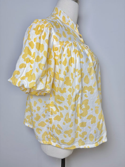 Women Size S Mother Yellow, White Abstract Art Cotton Blouse