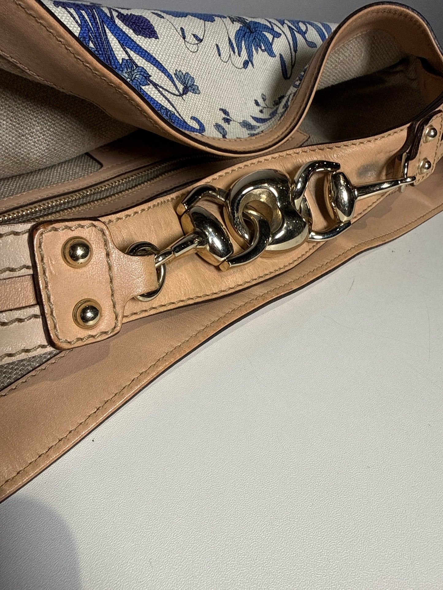 Gucci Flora Wave Horsebit Canvas, Leather Bag