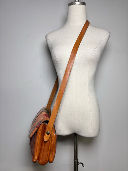 Women's Patricia Nash Saddle Bag Painted Flowers Vint Leather Pre-owned Caramel