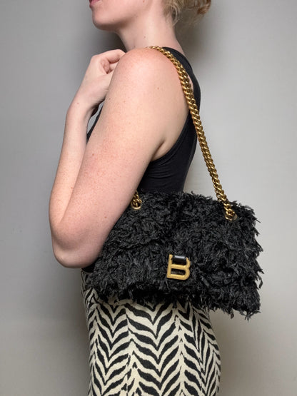 Women's Authentic Balenciaga Crush Chain Black Fabric Feather Gold-Tone NWT Pre-Owned Shoulder Bag