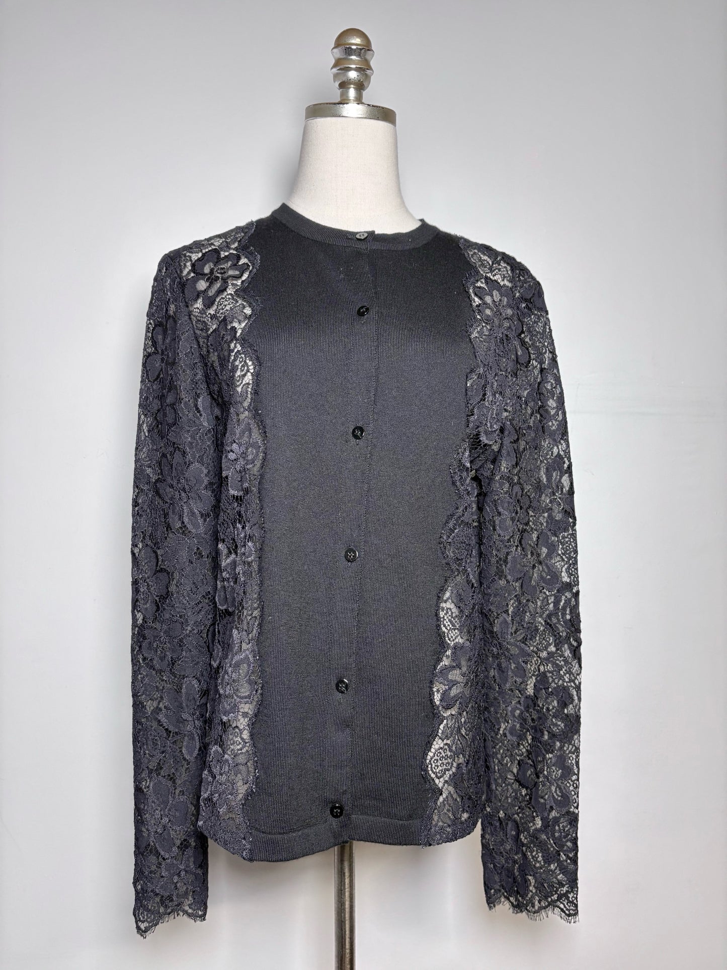 Women Size L Carolina Herrera Black Solid w/Lace Sleeves Wool, Lace Sweater