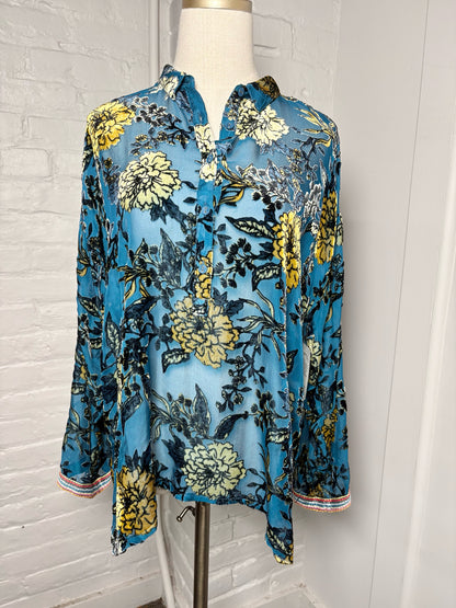 Women Size 2 Johnny Was Teal Floral Print Rayon, Silk NWT Shirt