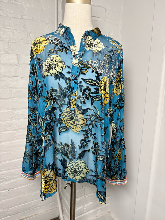 Women Size 2 Johnny Was Teal Floral Print Rayon, Silk NWT Shirt