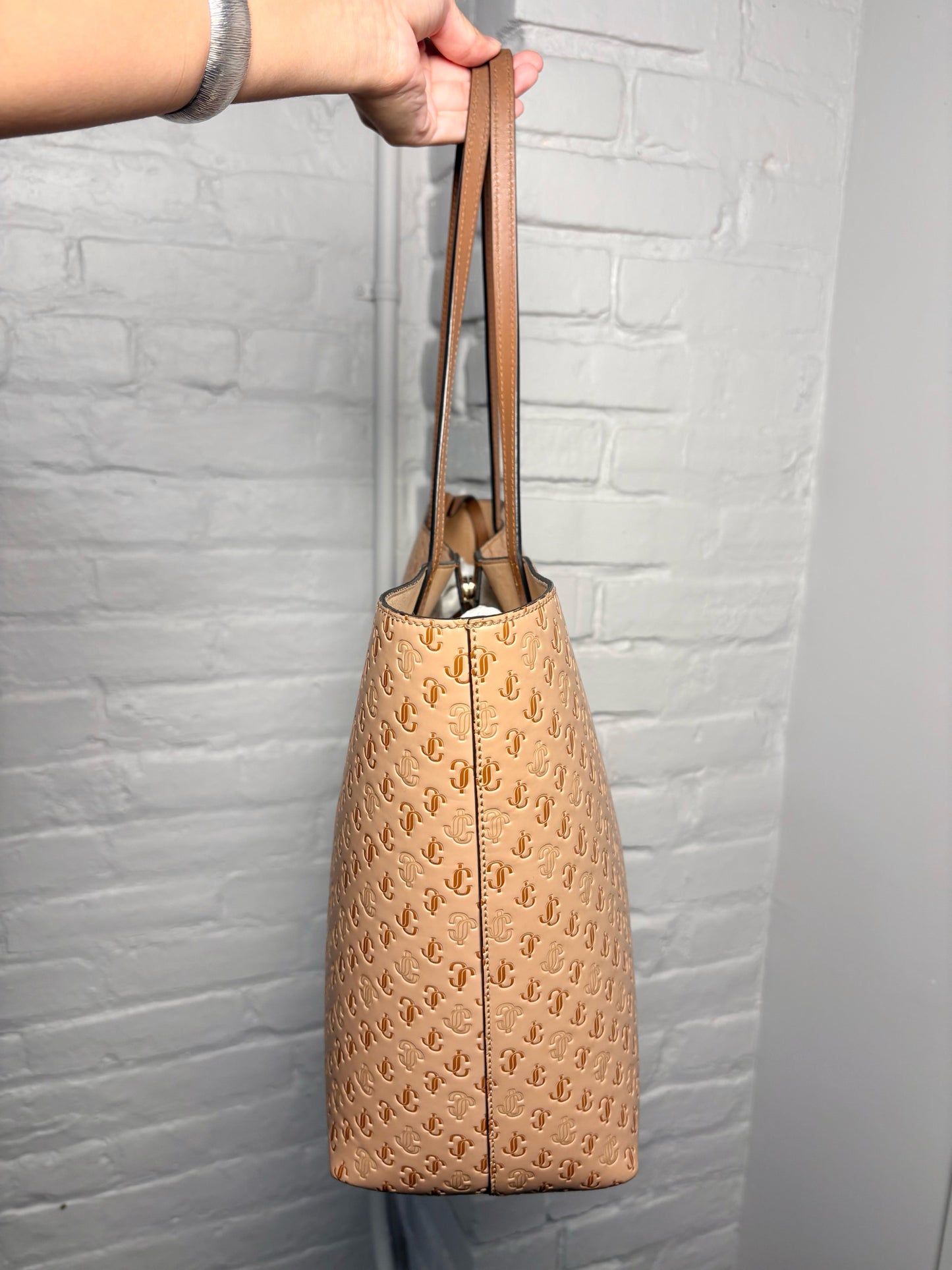Jimmy Choo Embossed Monogram Leather Trim Pre-owned Caramel Tote Bag