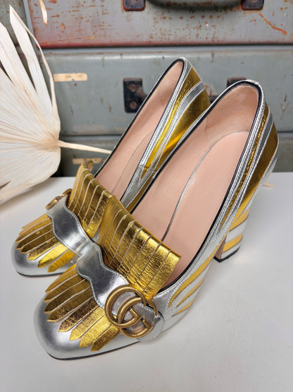 W Shoe Size 36.5 (6.5 US) Gucci Metallic Gold, Silver Leather Loafers