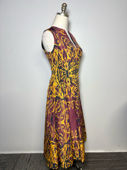 Women Size 4 Wes Gordon Gold, Burgundy, Black Print 100% Silk Pre-owned Dress