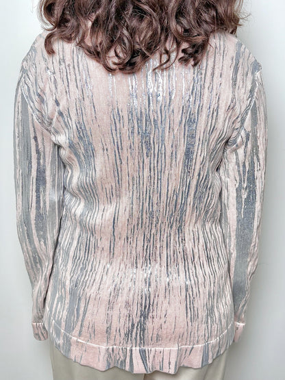 Women Size XL Oscar de la Renta Peach, Metalic Silver Silk Sweater
