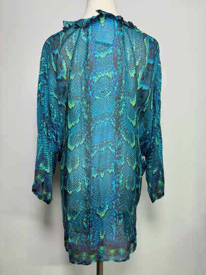 Women Size 48 (10, US) Roberto Cavalli Turquoise Snakeskin Print Blouse