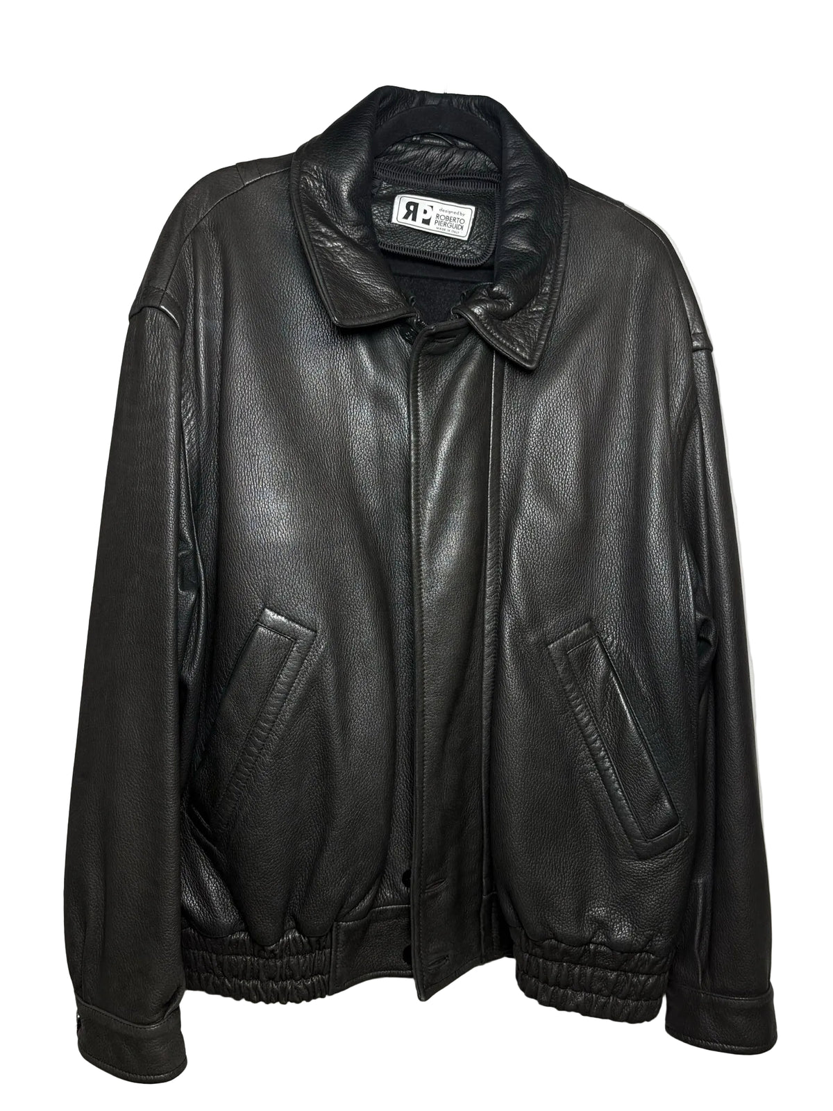 Men Size 54 IT (US 44 / XL Est.) Roberto Pierguidi Black Pebble Leather Vintage Rare Pre-Owned Bomber Jacket