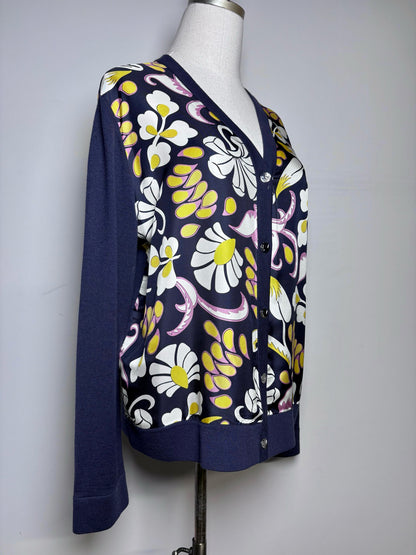 Women Size XL Tory Burch Navy,yellow,white & purple Floral Abstract Cardigan